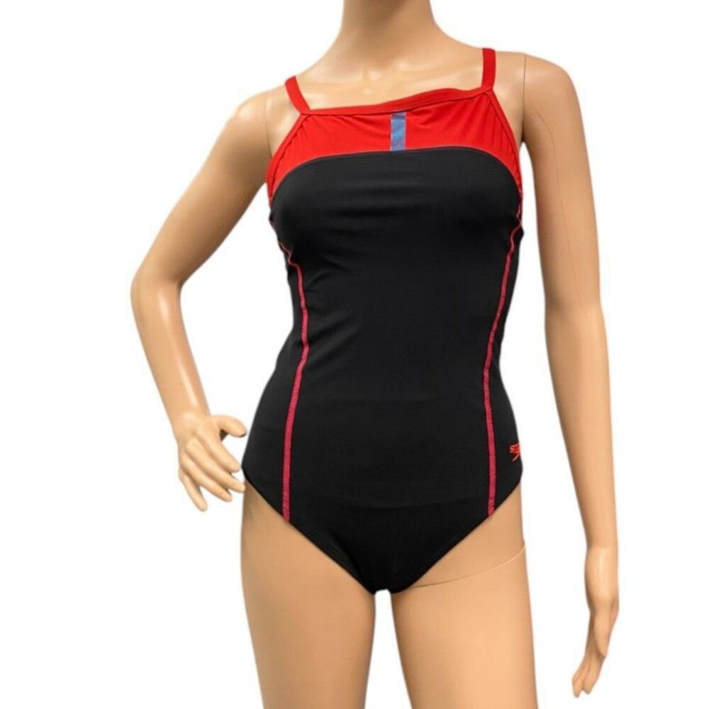 SPEEDO Women's Black/Red PowerPlus Drill Back One-Piece Bathing Swimsuit 10/36